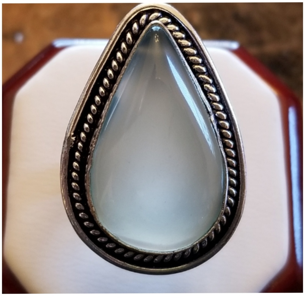 Sterling Silver Teardrop Milky Blue Aquamarine Ring, NEW